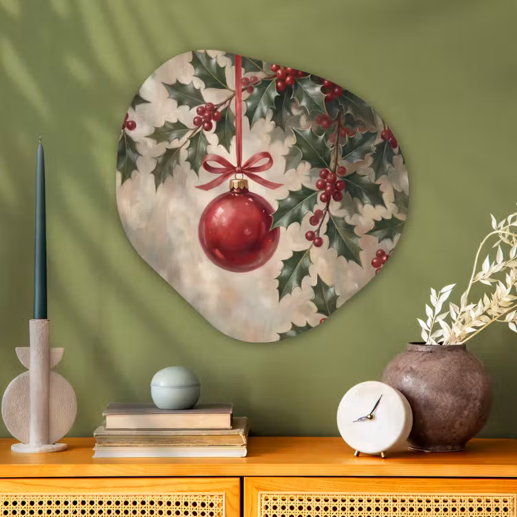 Glasbild Organische Form - Weihnachtskugel – Stechpalme – Rot — 2