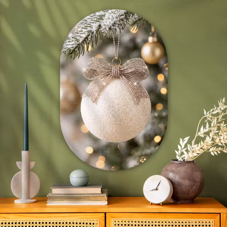Glasbild Oval - Weihnachtskugel – Weiß – Weihnachten — 2