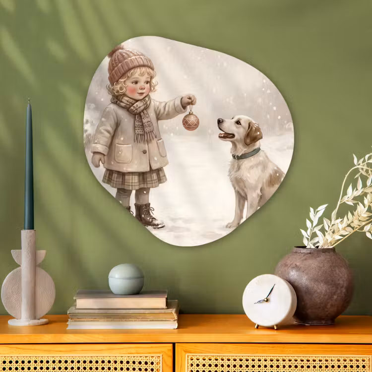 Glasbild Organische Form - Kind – Hund – Schnee — 2