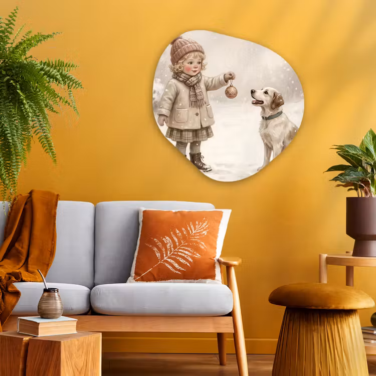 Glasbild Organische Form - Kind – Hund – Schnee — 3