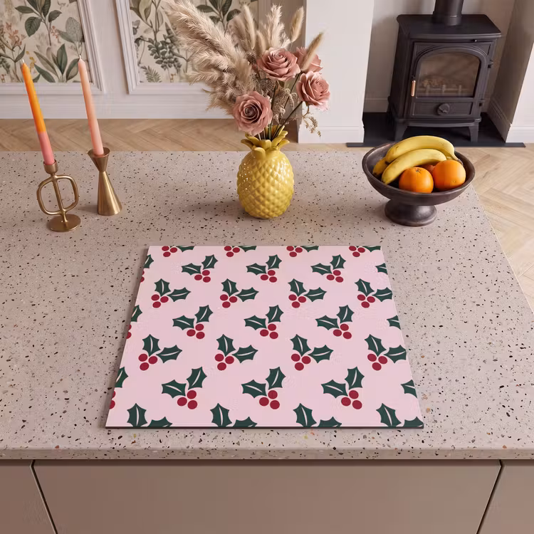 Herdabdeckplatte - Weihnachten – Stechpalme – Grün – Rosa — 2