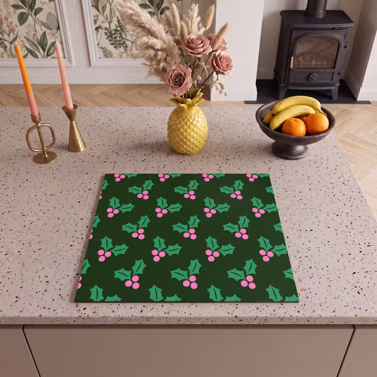 Herdabdeckplatte - Stechpalme – Grün – Rosa – Weihnachten — 2