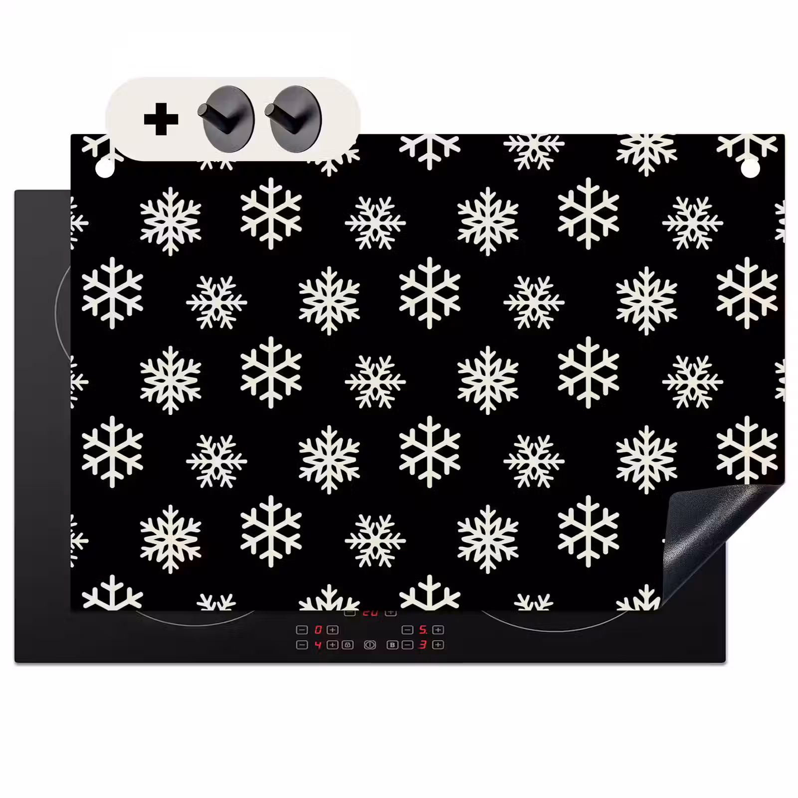 2-in-1 Herdabdeckplatte & Spritzschutz - Schneeflocke – Schwarz – Weiß – Weihnachten — 1