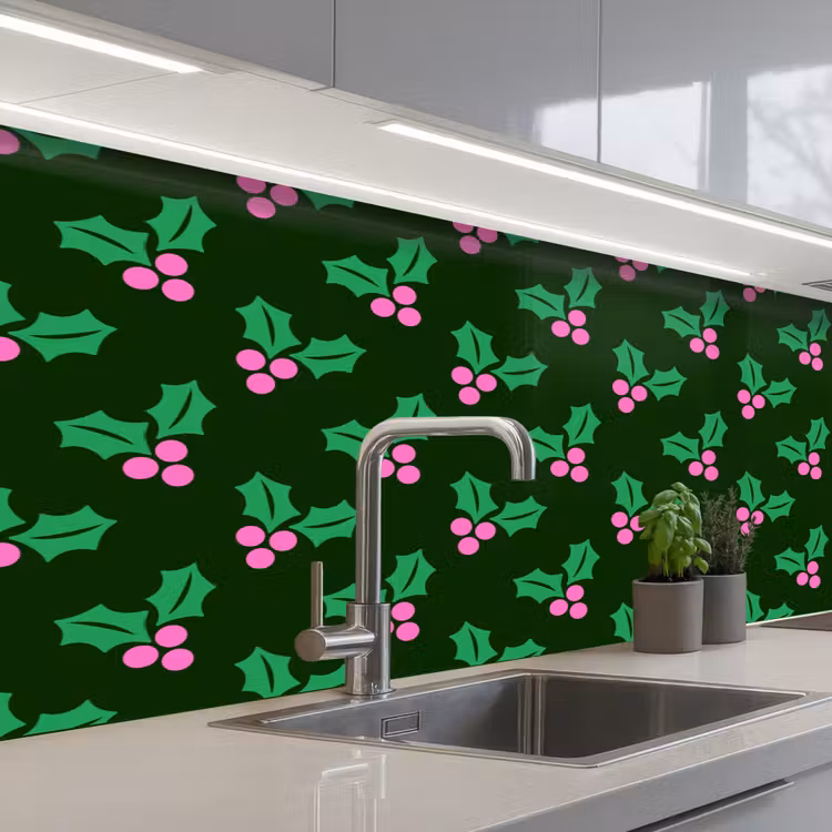 Küchenrückwand - Stechpalme – Grün – Rosa – Weihnachten — 2