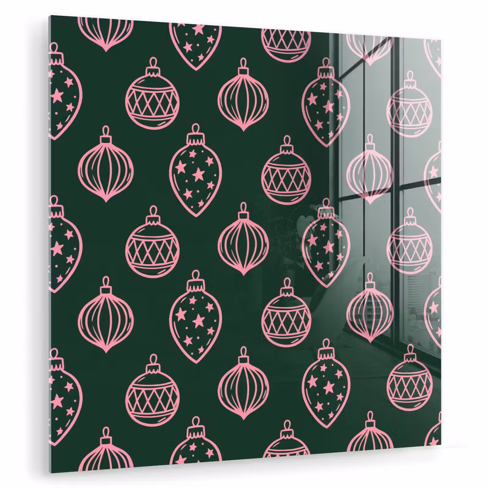 Glasbild - Weihnachtskugel – Rosa – Grün — 1