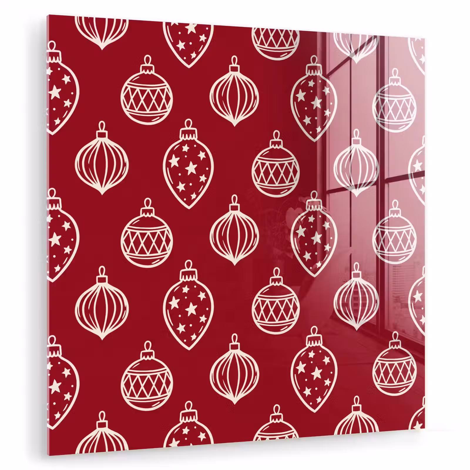 Glasbild - Weihnachtskugel – Rot – Cremefarben — 1