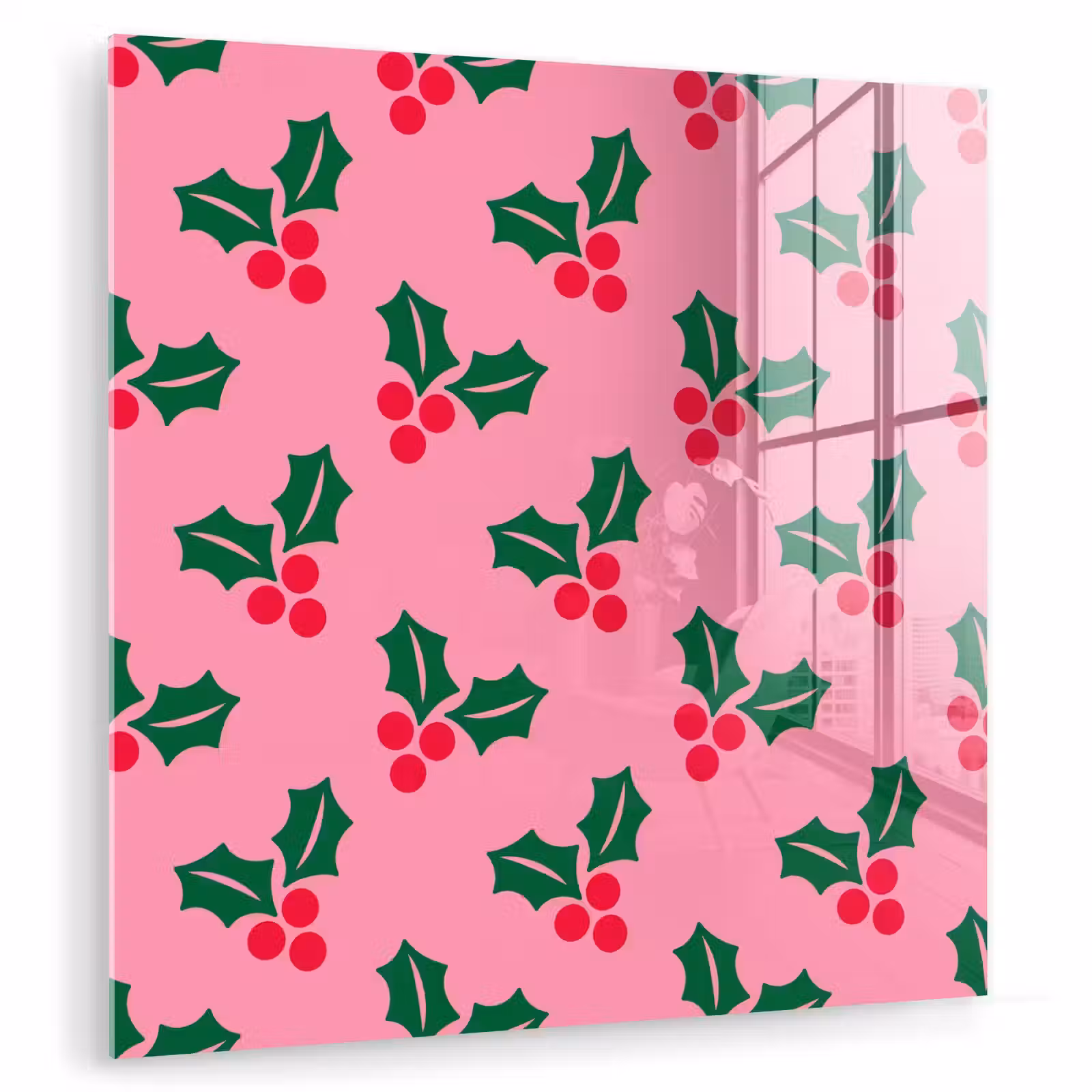 Glasbild - Stechpalme – Weihnachten – Rosa — 1