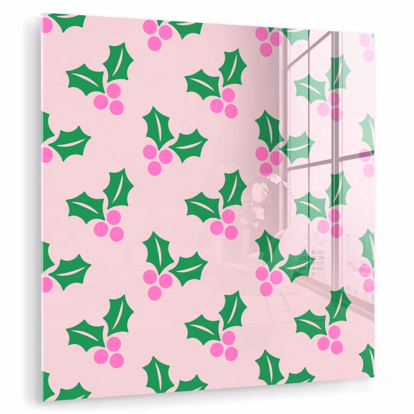Glasbild - Weihnachten – Stechpalme – Rosa — 1