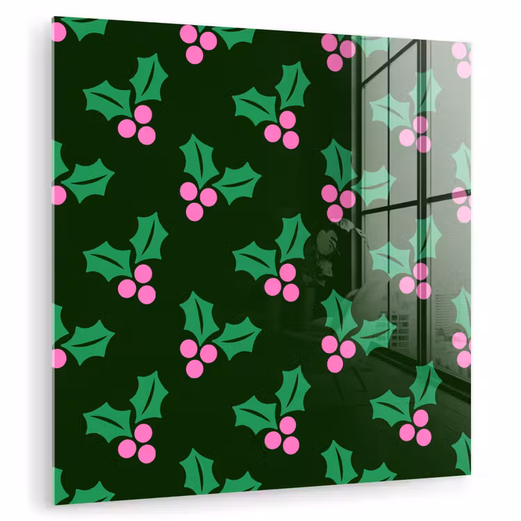 Glasbild - Stechpalme – Grün – Rosa – Weihnachten — 1