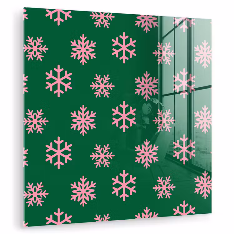 Glasbild - Schneeflocke – Grün – Rosa – Weihnachten — 1