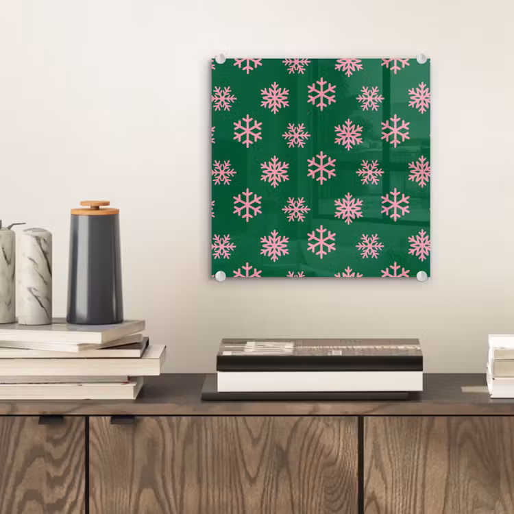 Glasbild - Schneeflocke – Grün – Rosa – Weihnachten — 2