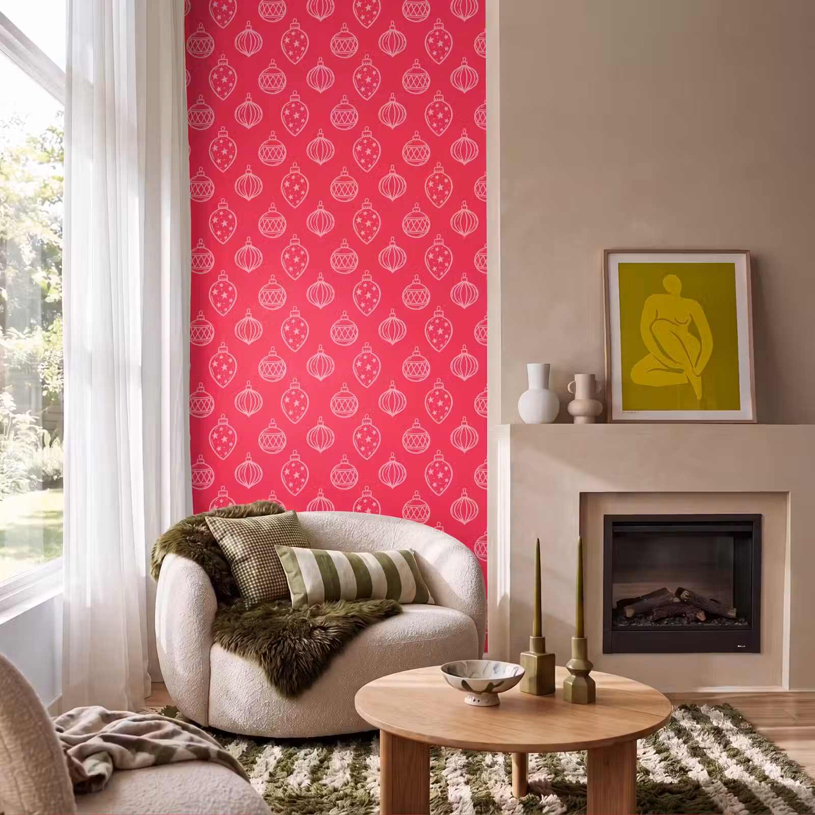 Tapete - Weihnachtskugel – Rot – Rosa — 1