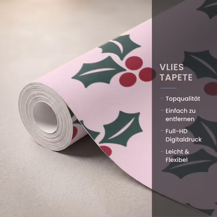 Tapete - Weihnachten – Stechpalme – Grün – Rosa — 3