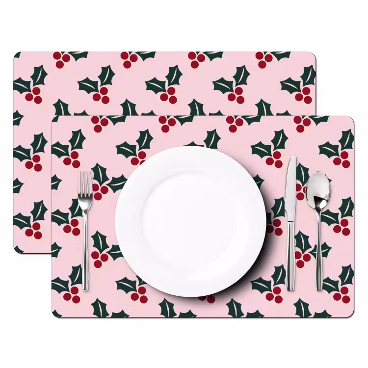 Tischset - 6 Stück - Weihnachten – Stechpalme – Grün – Rosa — 2