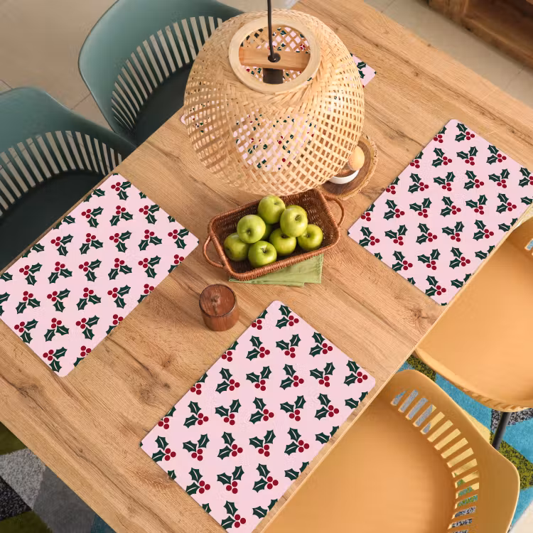 Tischset - 6 Stück - Weihnachten – Stechpalme – Grün – Rosa — 5