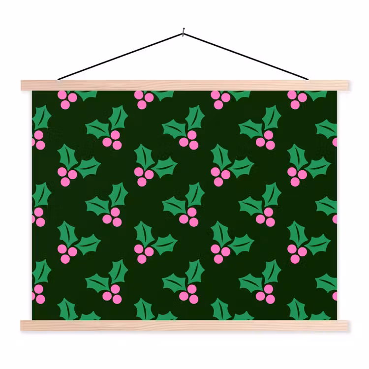 Stoffbild - Stechpalme – Grün – Rosa – Weihnachten — 1