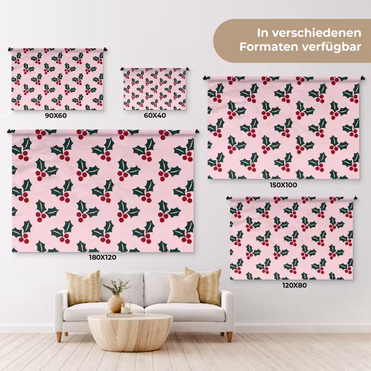 Wandteppich - Weihnachten – Stechpalme – Grün – Rosa — 8