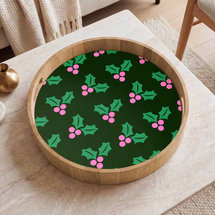Tablett - Stechpalme – Grün – Rosa – Weihnachten — 2