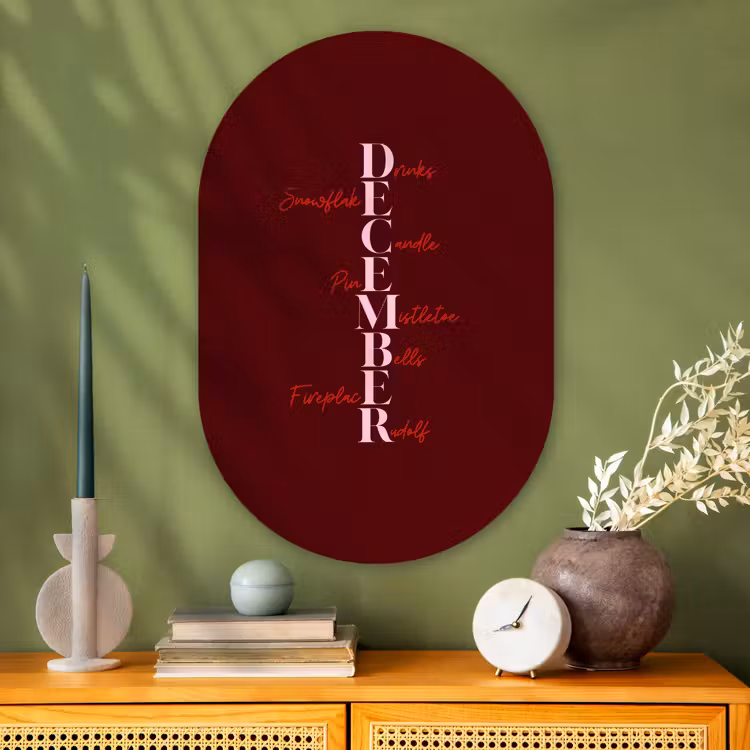Glasbild Oval - Dezember – Text – Weihnachten – Burgund — 2