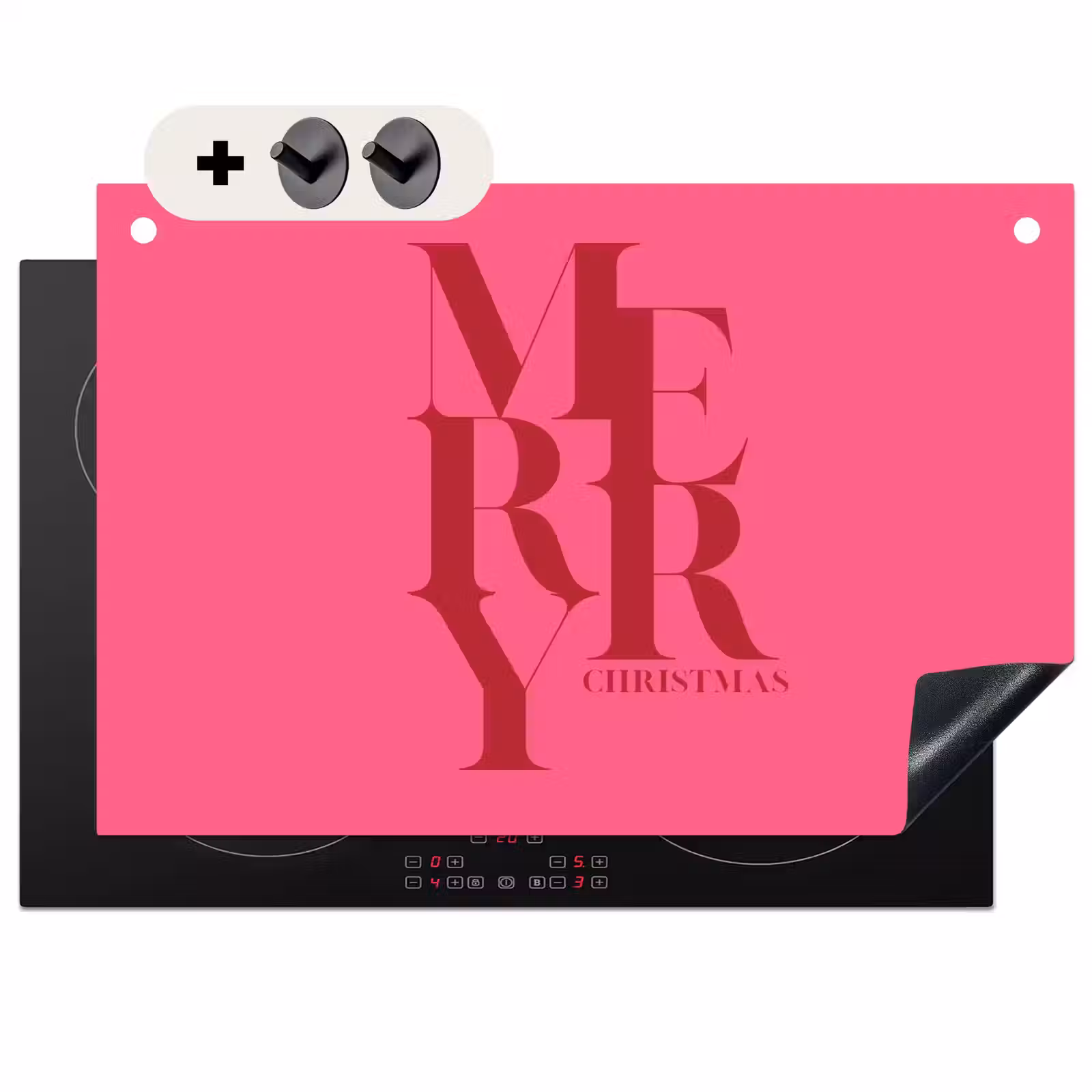 2-in-1 Herdabdeckplatte & Spritzschutz - Merry – Text – Weihnachten – Rosa — 1