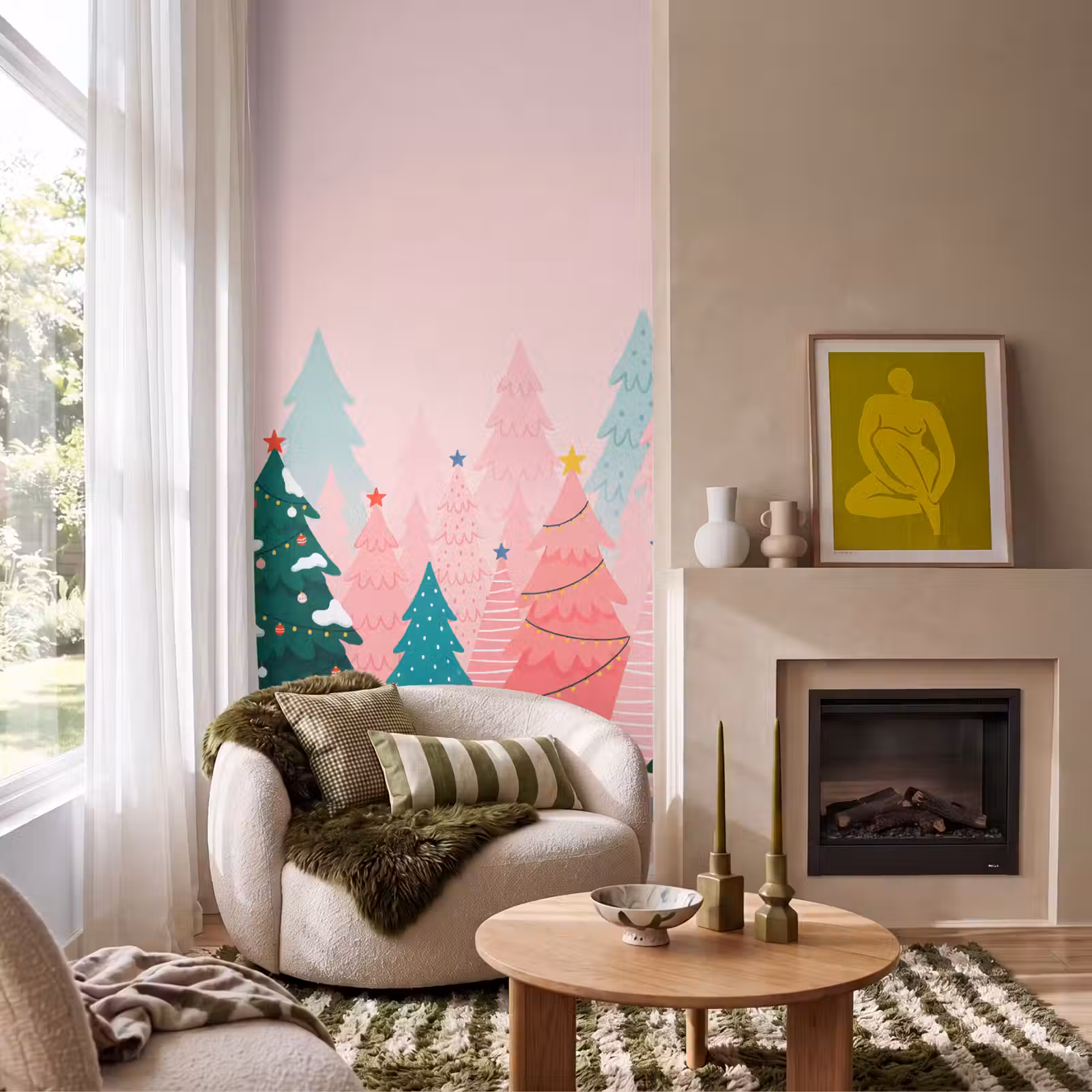 Tapete - Weihnachtsbäume – Illustration – Rosa — 1