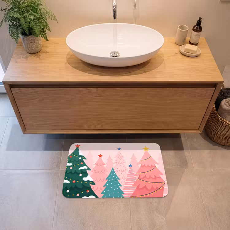 Badematte - Weihnachtsbäume – Illustration – Rosa — 2