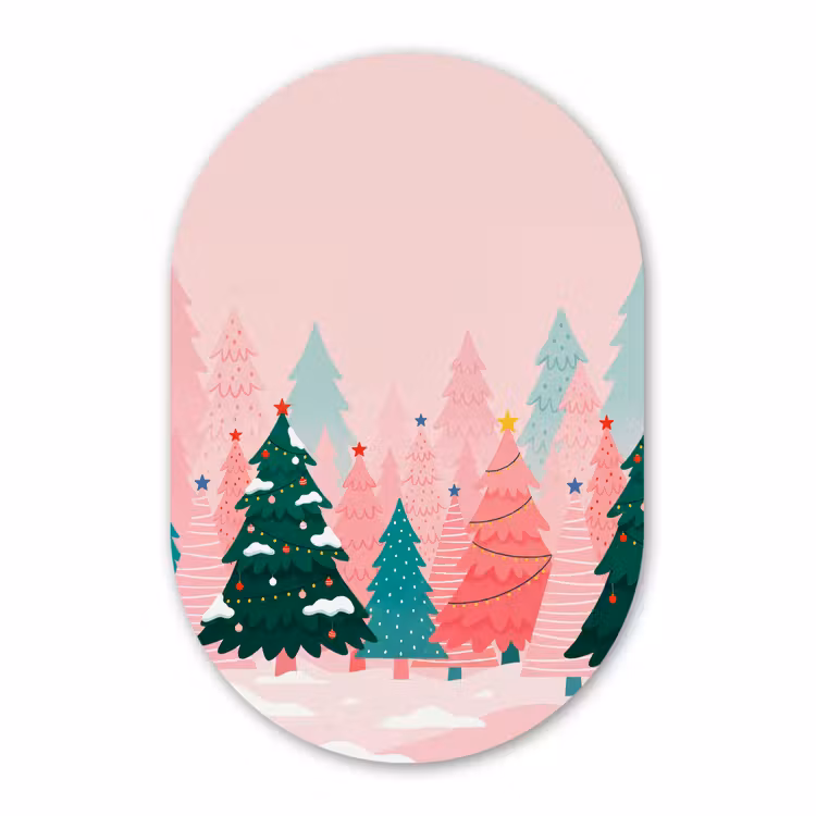 Glasbild Oval - Weihnachtsbäume – Illustration – Rosa — 1