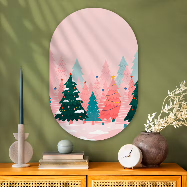 Glasbild Oval - Weihnachtsbäume – Illustration – Rosa — 2
