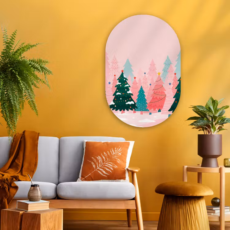 Glasbild Oval - Weihnachtsbäume – Illustration – Rosa — 3