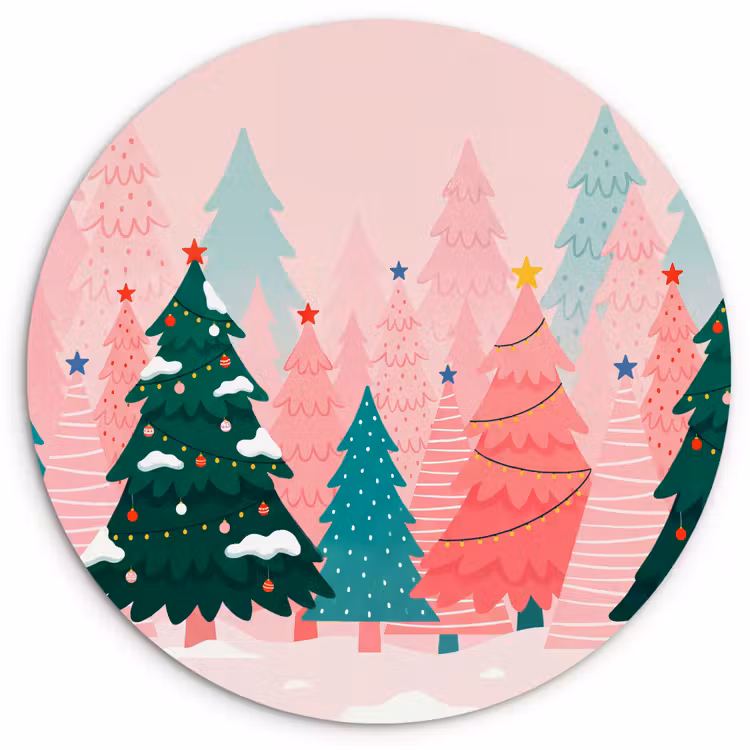 Glasbild Rund - Weihnachtsbäume – Illustration – Rosa — 1