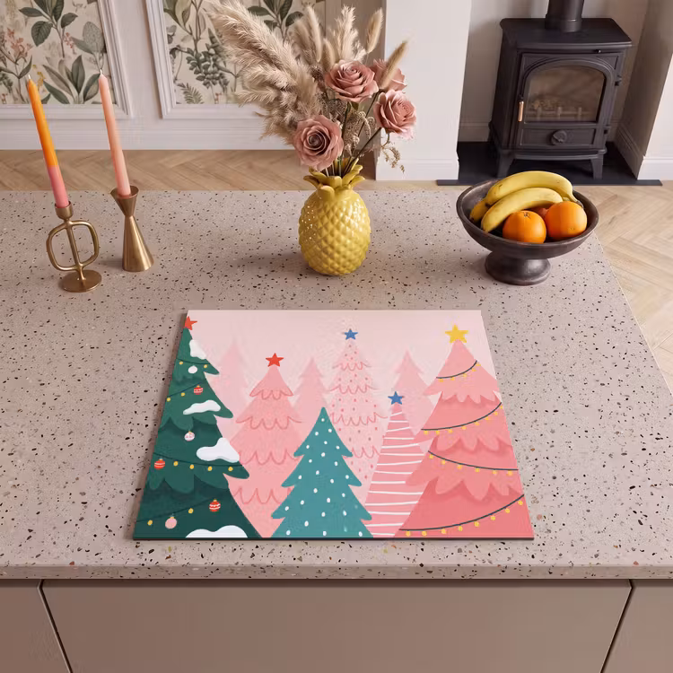 Herdabdeckplatte - Weihnachtsbäume – Illustration – Rosa — 2