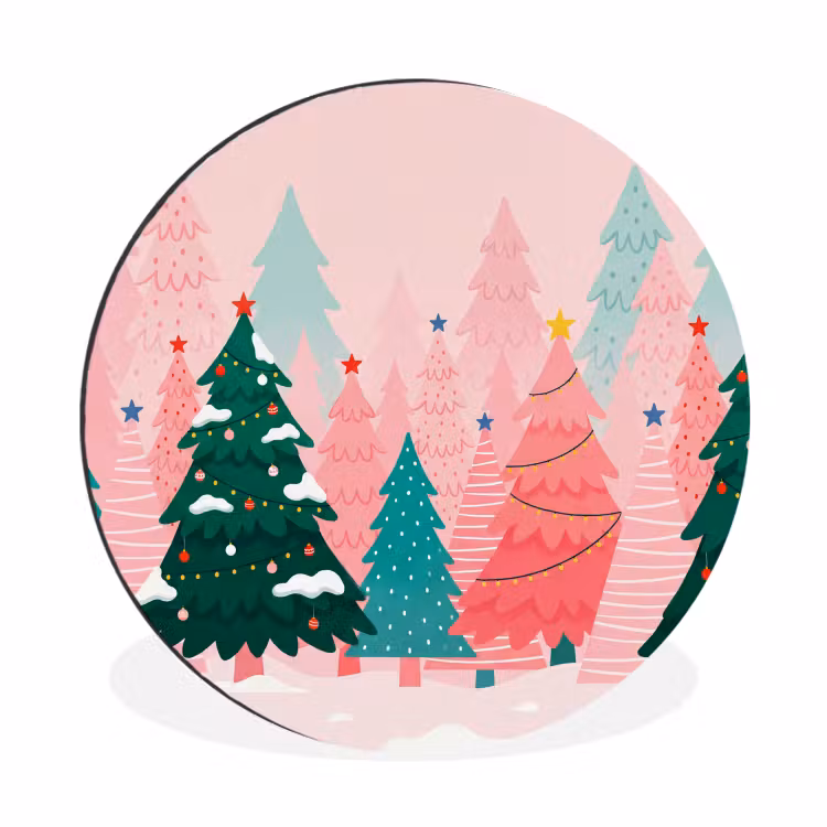 Alu-Dibond-Bild Rund - Weihnachtsbäume – Illustration – Rosa — 1