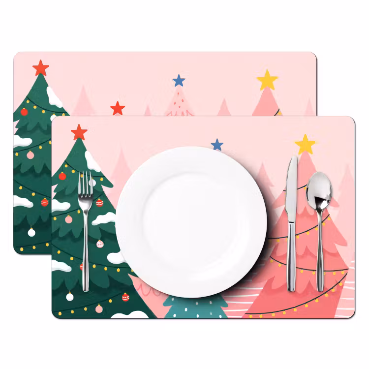 Tischset - 6 Stück - Weihnachtsbäume – Illustration – Rosa — 2