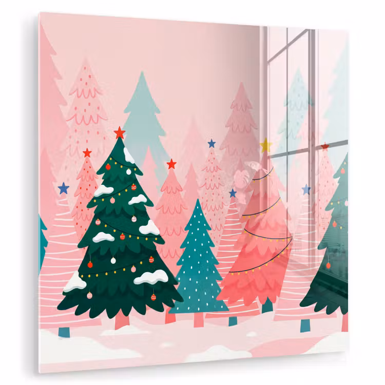 Glasbild - Weihnachtsbäume – Illustration – Rosa — 1