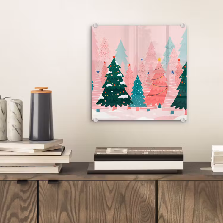 Glasbild - Weihnachtsbäume – Illustration – Rosa — 2