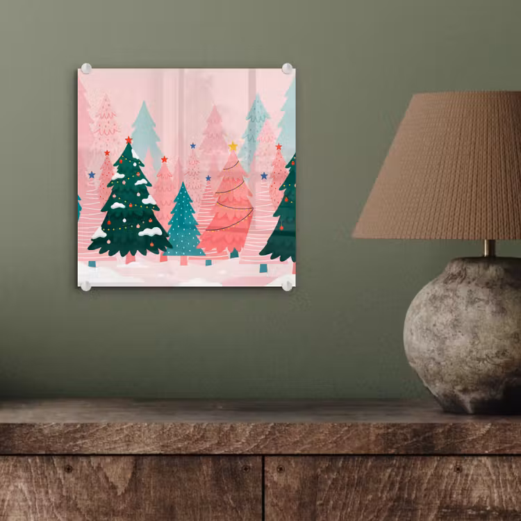 Glasbild - Weihnachtsbäume – Illustration – Rosa — 4