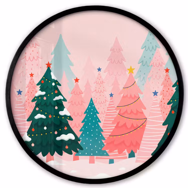 Poster im Rahmen Rund - Weihnachtsbäume – Illustration – Rosa — 1