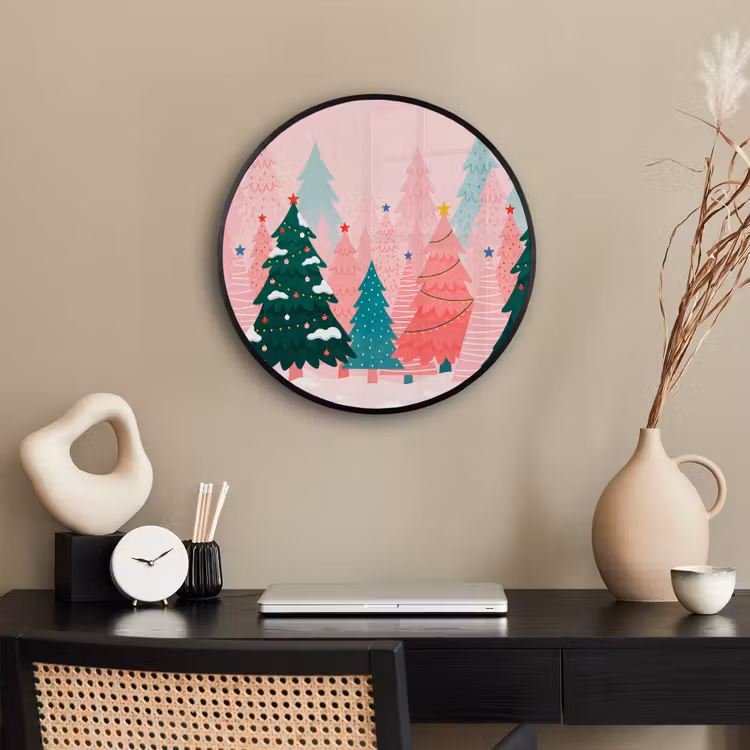Poster im Rahmen Rund - Weihnachtsbäume – Illustration – Rosa — 3