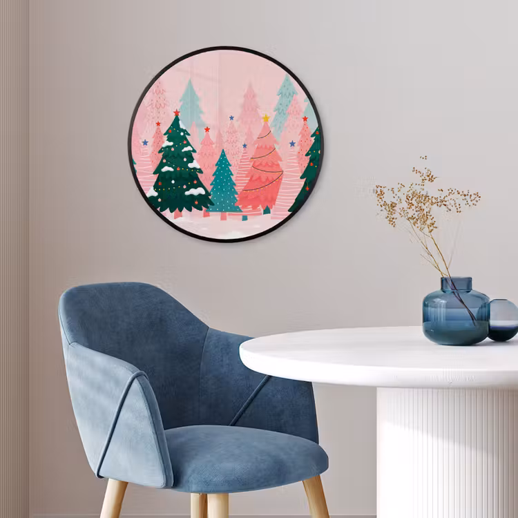 Poster im Rahmen Rund - Weihnachtsbäume – Illustration – Rosa — 4