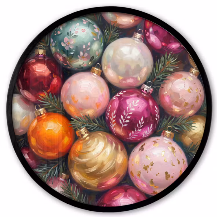 Poster im Rahmen Rund - Weihnachtskugeln – Bunt – Festlich — 1