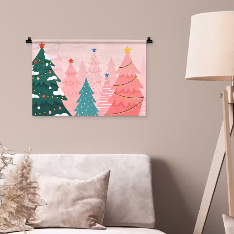 Wandteppich - Weihnachtsbäume – Illustration – Rosa — 2