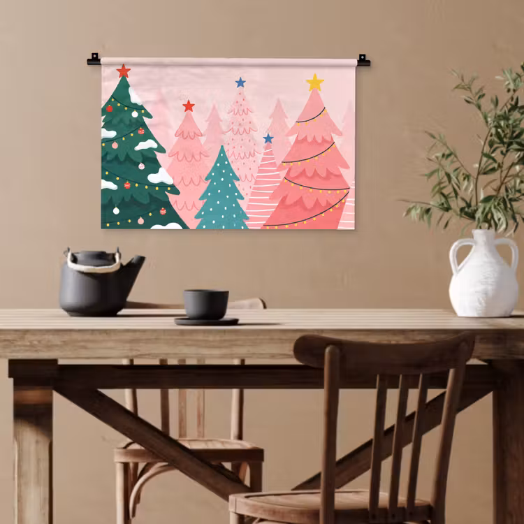 Wandteppich - Weihnachtsbäume – Illustration – Rosa — 3