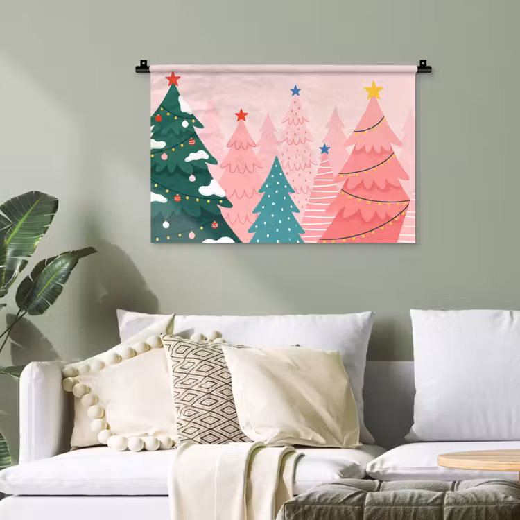 Wandteppich - Weihnachtsbäume – Illustration – Rosa — 4