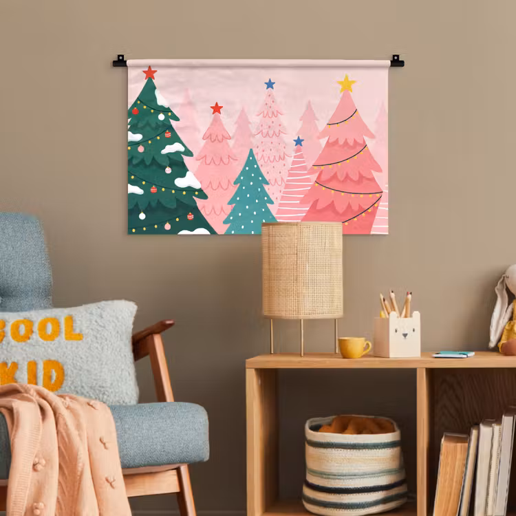 Wandteppich - Weihnachtsbäume – Illustration – Rosa — 5