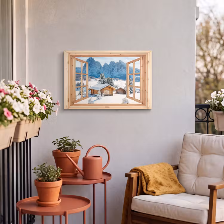 Outdoor Leinwand - Durchblick - Winterlandschaft - Hütte - Berge - Aussicht — 3