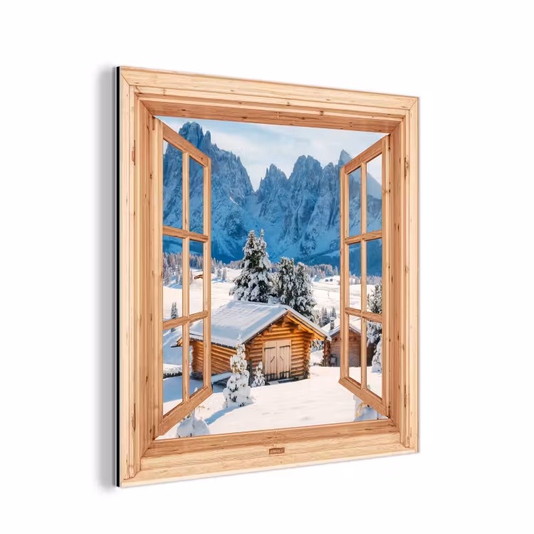Alu-Dibond-Bild - Durchblick - Winterlandschaft - Hütte - Berge - Aussicht — 1