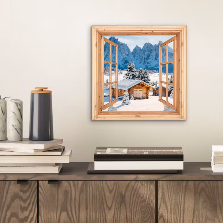 Alu-Dibond-Bild - Durchblick - Winterlandschaft - Hütte - Berge - Aussicht — 2