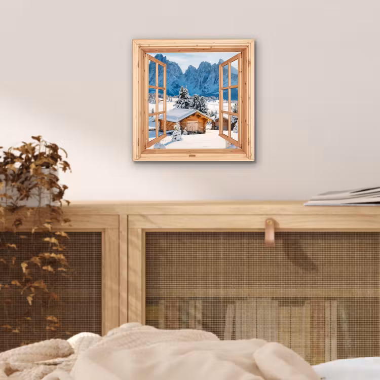 Alu-Dibond-Bild - Durchblick - Winterlandschaft - Hütte - Berge - Aussicht — 4