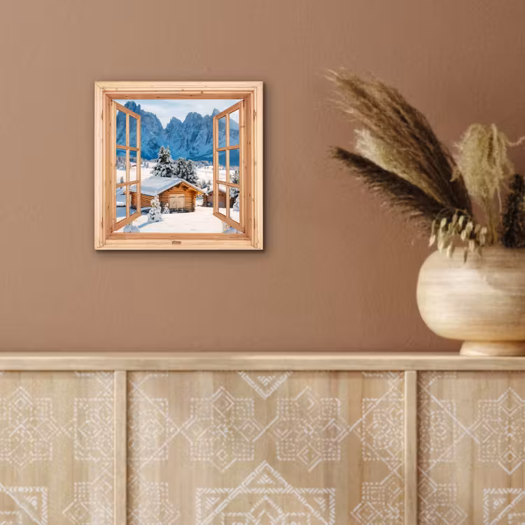 Alu-Dibond-Bild - Durchblick - Winterlandschaft - Hütte - Berge - Aussicht — 5