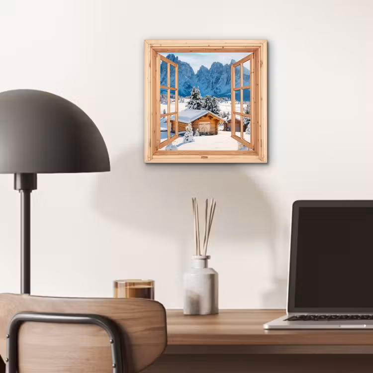 Alu-Dibond-Bild - Durchblick - Winterlandschaft - Hütte - Berge - Aussicht — 6